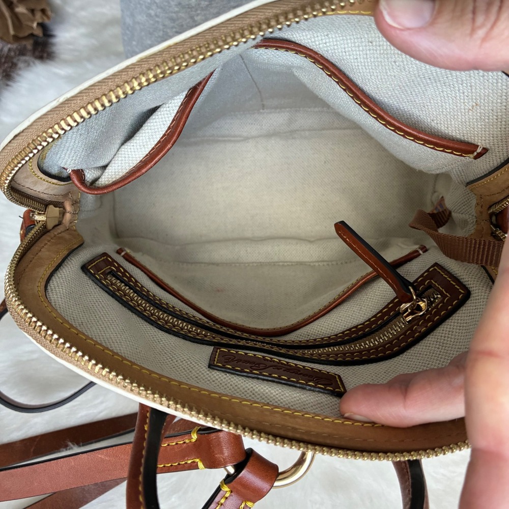 Dooney & Bourke Monogram Cream Tan Leather Trim Gold hardware Backpack Bag - Picture 14 of 16